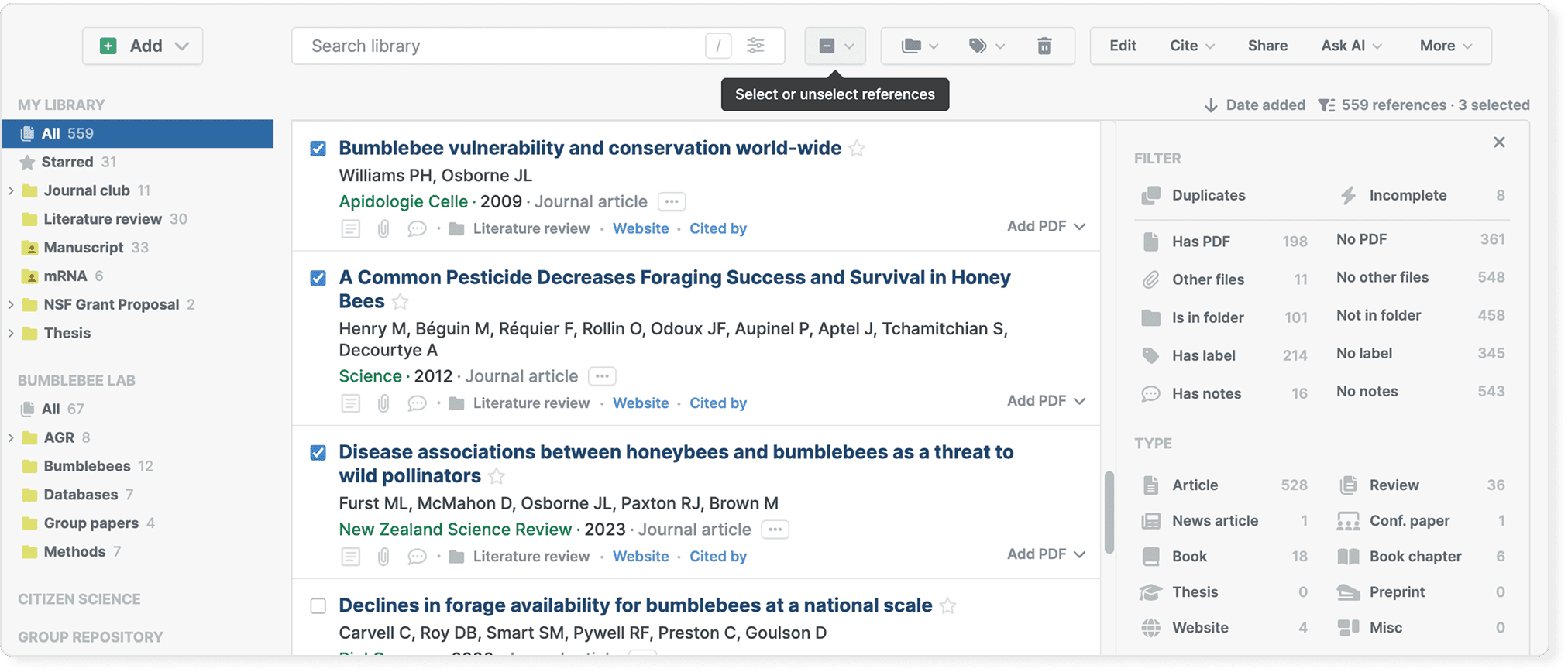 A library with three references ticked, a “Select or unselect references” tooltip over the toolbar’s select button, the header reading “559 references · 3 selected”, and the filter panel open on the right.